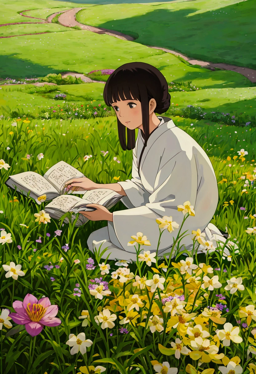 arafed woman sitting in a field of flowers reading a book, white hanfu, palace , a girl in hanfu, girl sitting in a flower field, by Yang J, sitting in a field of flowers, in a field of flowers, in a cottagecore flower garden, hanfu, in a field with flowers, girl in flowers