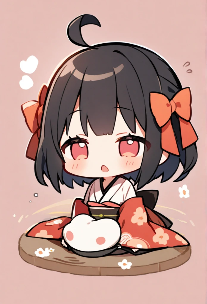 A girl in a kimono bows down on the ground、Chibi Character、Ahoge、Black Hair、