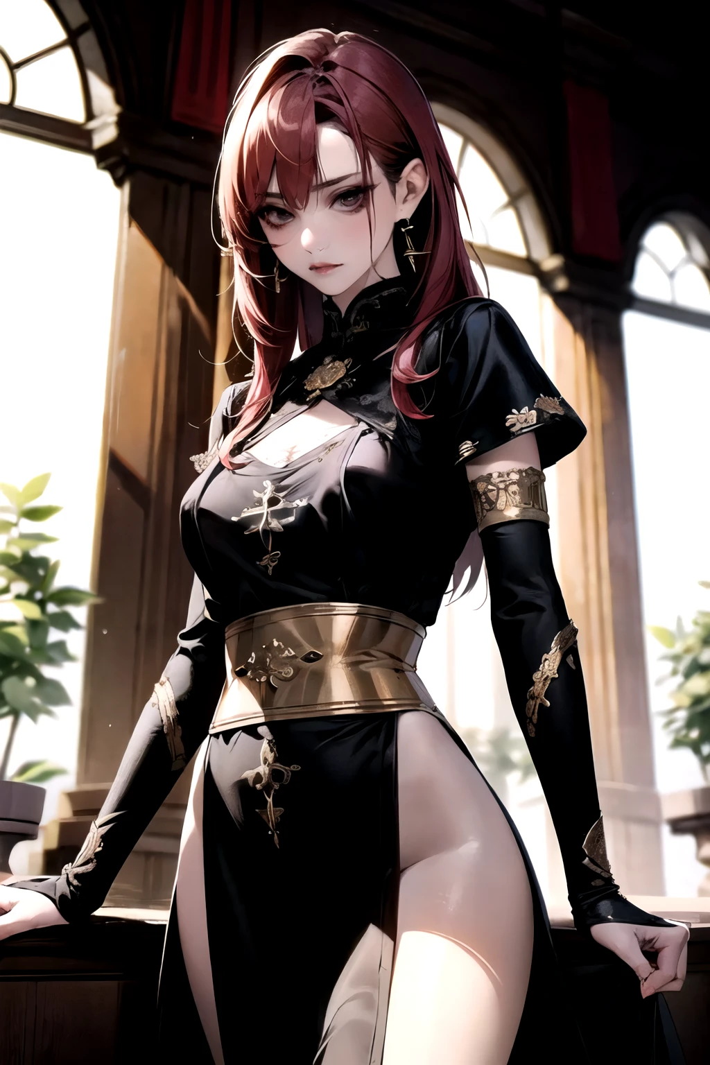 ((best quality)), ((masterpiece)), (detailed), Photorealistic, high resolution, mature woman, Hips up, jewelry, เสื้อผ้าขนาดใหญ่, ผมหางม้าทรงสูง, red hair, หน้าอกใหญ่, HDR (high dynamic range), After processing, Anisotropic filtration,depth of field, Maximum clarity and clarity, multi-layered surface, perfect proportions, 8K raw files, กระโปรงสั้น, natural lighting, soft lighting, sunlight, evening, Feiyu_clothes， red-fabric， gold embroidery， Gold embroidered black bracer，ศาลเจ้า,