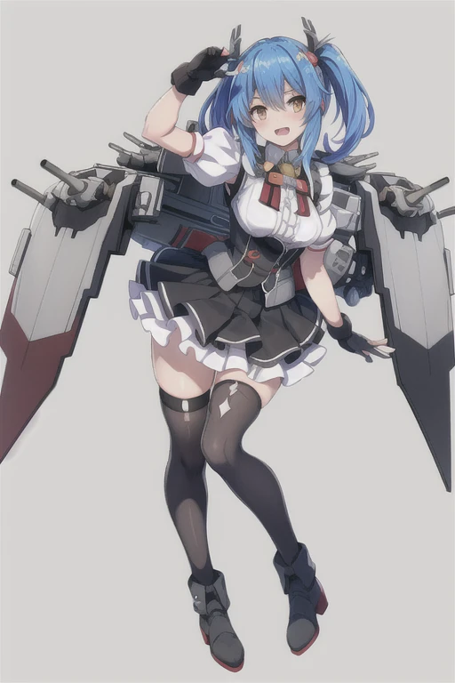 prinz eugen \(warship girls r\),((masterpiece)),(((best quality))),((ultra-detailed)),((illustration)),((disheveled hair)),((frills)),(1 girl),(solo),1girl, arm up, asymmetrical legwear, bangs, black footwear, black gloves, black legwear, black skirt, blue hair, blush, boots, bow, breasts, brown eyes, dress, eyebrows visible through hair, fingerless gloves, full body, gloves, hair ornament, idol, looking at viewer, mecha, medium breasts, multicolored hair, open mouth, ribbon, robot, shirt, short hair, short sleeves, single thighhigh, skirt, smile, solo, star \(symbol\), star hair ornament, thigh strap, thighhighs, two-tone hair, uneven legwear, v, yellow eyes