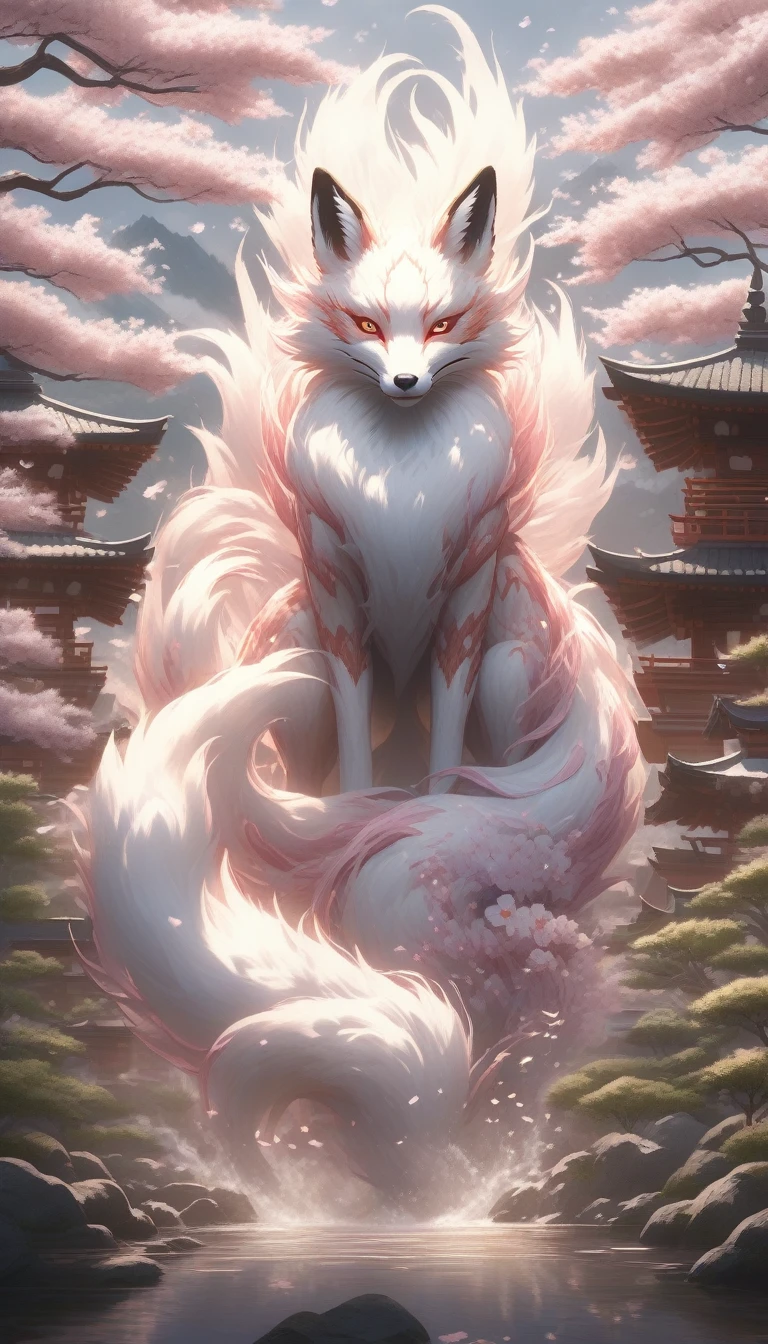 Create a digital artwork that captures the mystical and enchanting presence of a Kitsune in an ancient Japanese setting. The Kitsune should be depicted partially transformed, with its fox form showing multiple tails and a magical aura, while also appearing as a beautiful woman.

The setting should be a serene, traditional Japanese village or shrine, surrounded by cherry blossom trees in full bloom and lantern-lit pathways. The sky should be a twilight blend of deep purples and soft pinks, with moonlight filtering through the cherry blossoms, creating a dreamlike atmosphere.

Focus on hyper-detailed textures, such as the Kitsune’s shimmering tails, the intricate patterns of its kimono, and the glowing orbs of foxfire surrounding it. The cherry blossom petals and traditional Japanese architecture should be rendered realistically, with dynamic lighting and shadows enhancing the overall enchantment of the scene. The atmosphere should evoke a sense of timeless beauty and supernatural elegance.

Render the entire scene in super-realistic, hyper-detailed 4k resolution, ensuring that every element, from the Kitsune’s transformation to the serene ancient Japanese environment, contributes to the overall sense of mystical allure and cultural richness. cinematic lighting, strong contrast, high level of detail, best quality, masterpiece, Extremely high-resolution details, photographic, realism pushed to extreme, fine texture, incredibly lifelike