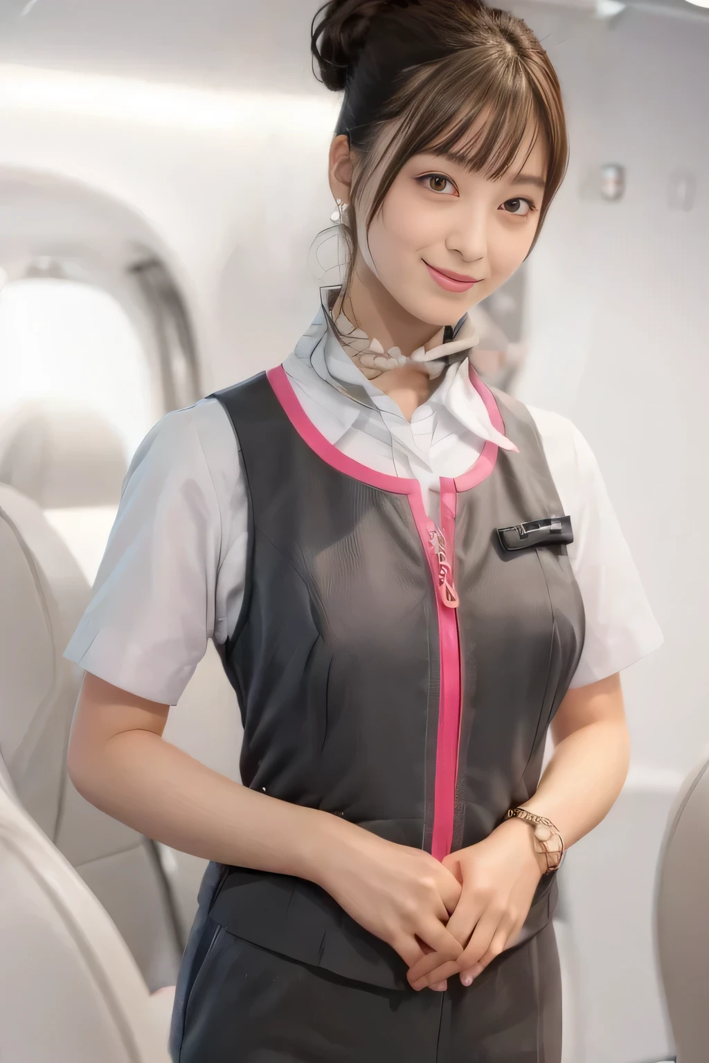 (masterpiece:1.2, Highest quality:1.2), 32k HDR, High resolution, (alone、1 girl)、（On the roof of a building、Professional Lighting）、daytime background、（Realistic style of JR Gran Class crew uniform）、Short sleeve blouse、a scarf around the neck、（JR Gran Class flight attendant uniform with pink parts on the skirt sleeves）、（The uniform of the flight attendants of JR Gran Class has a pink line on the front zipper of the vest.）、There are no pink lines on the uniform skirts of flight attendants in JR Gran Class、Dark brown hair、（Hair tied up、Chignon）、Dark brown hair、Long Shot、Big Breasts、（（Great hands：2.0）），（（Harmonious body proportions：1.5）），（（Normal limbs：2.0）），（（Normal finger：2.0）），（（Delicate eyes：2.0）），（（Normal eyes：2.0））)、Luxury earrings、smile、Beautiful standing posture,