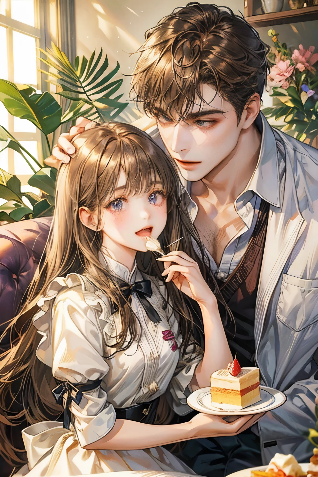 One girl and one guy, smile, Open your mouth, Long Hair, bangs, Brown Hair, Simple Background, ribbon, Long Hair, Purple eyes, girl eating roll cake,Droopy Eyed Girl,Girl eating cake with fork,Man stroking a girl head,Men and women having tea at a cafe,女の子の肩を抱く男