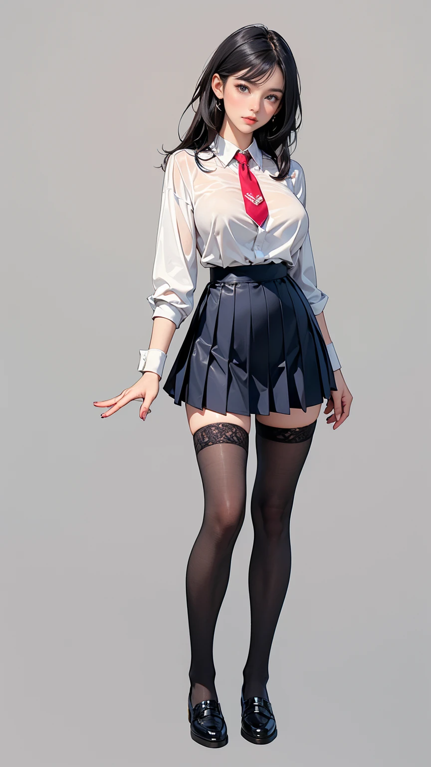 1 Japanese girl, glasses, full body, smile, (slim body:1.3), (huge breasts:1.1), (long and slender legs:1.3), short black hair, short hair, school uniform, white long sleeve shirt, pleated skirt, (black tights:1.2),