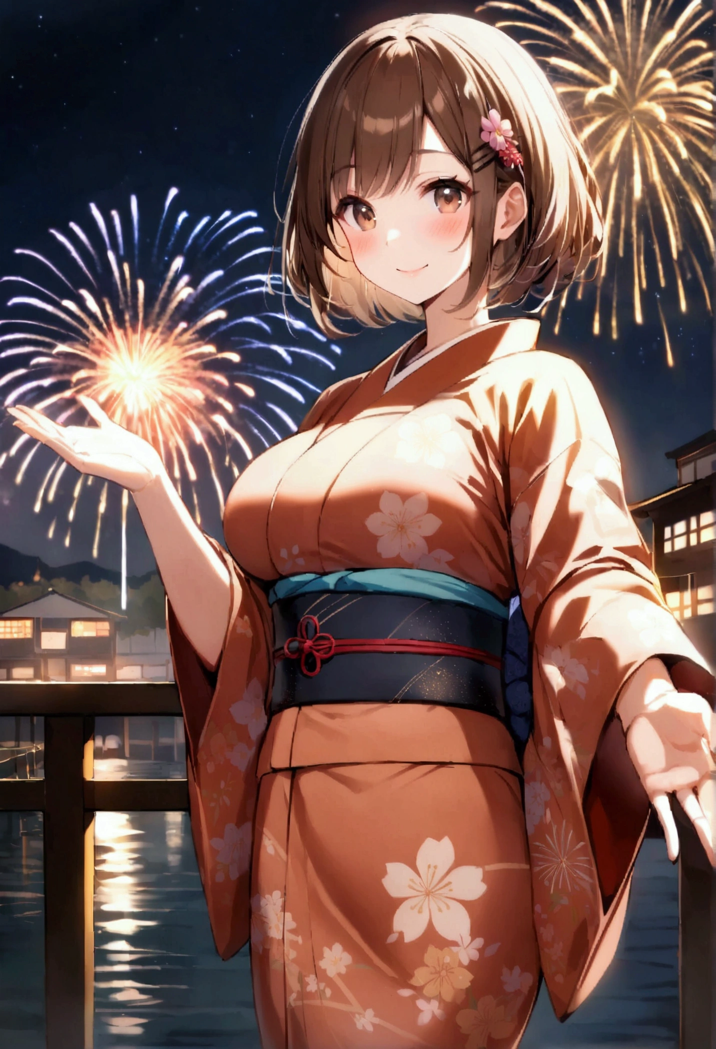 slender, mature female, fireworks, rating:safe, japanese_clothes, kimono, 1girl, brown_hair, smile, brown_eyes, hairclip, hair_ornament,night, looking_at_viewer, sash, obi, outstretched_hand, floral_print, breasts, water, bangs, yukata, solo, wide_sleeves,  outdoors, large_breasts,blush, sky, , night_sky, railing, eyebrows_visible_through_hair, long_sleeves, closed_mouth, outstretched_arm, holding, short_hair, aerial_fireworks, long_hair, standing
