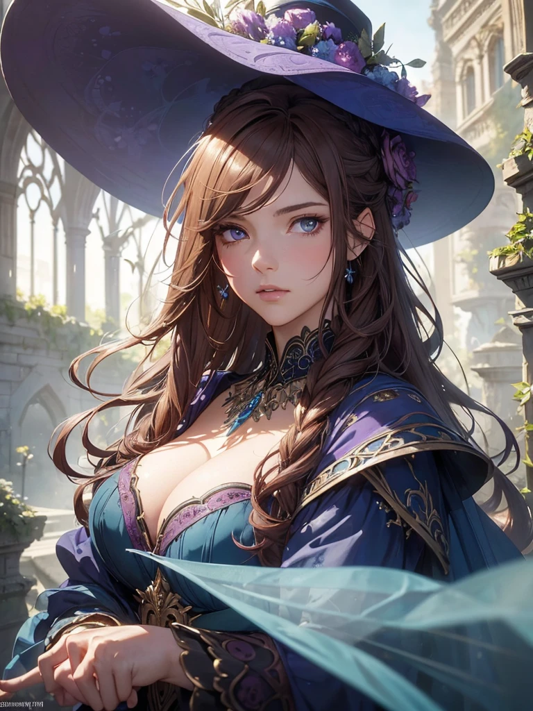 (by Greg Rutkowski: 1.2), (masterpiece), ((best quality)), extremely delicate and beautiful, illustration, (fantasy landscape), A mesmerizing fantasy with enchanting elements blending seamlessly. ((Dynamic bust of beautiful aristocratic maiden,Brown chestnut hair elegantly coiled,Wearing a huge blue hat,Purple clear eyes,The hair is covered with beautiful and delicate floral craftsmanship, Crystal jewelry filigree)), HD. elegance. photorealism. Unreal engine. From Brian Froud and Carne Griffiths and Wadim Kashin and John William Waterhouse, 8K post-production, high resolution, hyperdetailed, depth of field, HDR, intricate