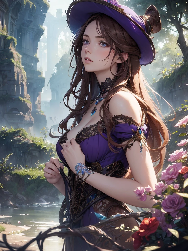 (by Greg Rutkowski: 1.2), (masterpiece), ((best quality)), extremely delicate and beautiful, illustration, (fantasy landscape), A mesmerizing fantasy with enchanting elements blending seamlessly. ((Dynamic bust of beautiful aristocratic maiden，Brown chestnut hair elegantly coiled，Wearing a huge blue hat，Purple clear eyes，The hair is covered with beautiful and delicate floral craftsmanship, Crystal jewelry filigree)), HD. elegance. photorealism. Unreal engine.  From Brian Froud and Carne Griffiths and Wadim Kashin and John William Waterhouse, 8K post-production, high resolution, hyperdetailed, depth of field, HDR, intricate