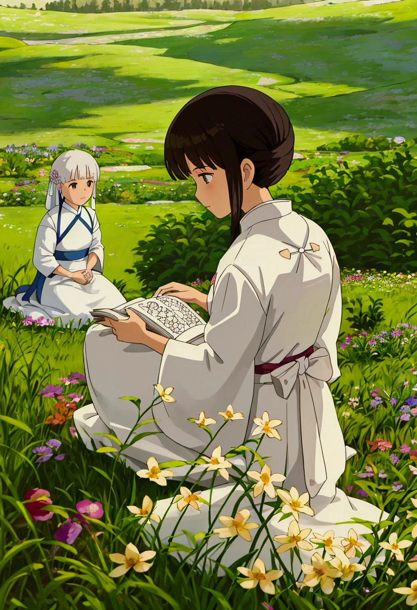 arafed woman sitting in a field of flowers reading a book, white hanfu, palace ， a girl in hanfu, girl sitting in a flower field, by Yang J, sitting in a field of flowers, in a field of flowers, in a cottagecore flower garden, hanfu, in a field with flowers, girl in flowers