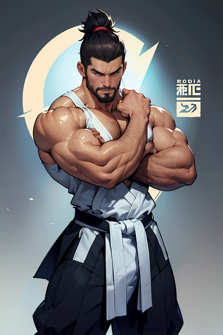 bodybuilding physique, A muscular man with a strong build.. He has a well-defined jaw and a serious expression.. Su piel es clara, y tiene barba corta. Boxeador o karateka, pose de karate, pose de boxeo, only pants, hermoso rostro，lleno de luz，Una mirada decidida