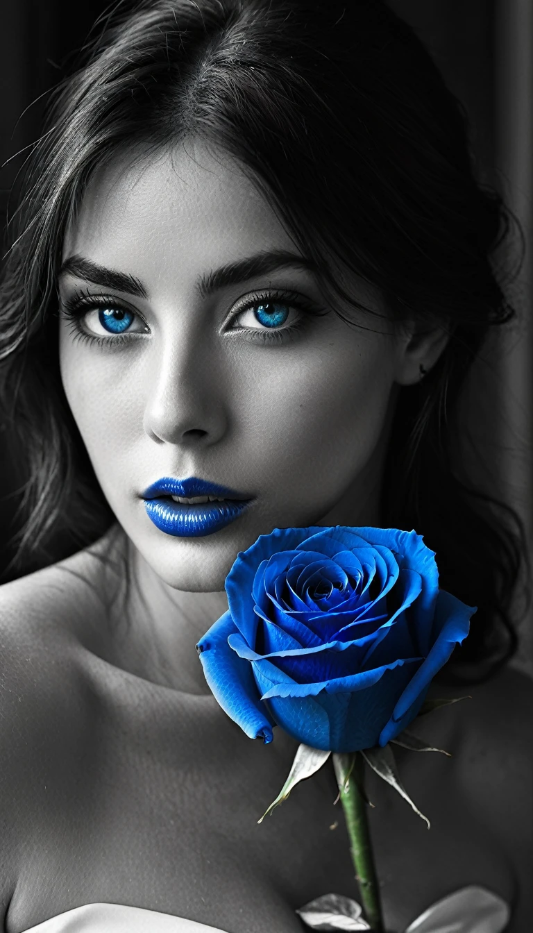 Photo noir et blanc et bleu profond, une femme aux yeux bleus sublimes, une peau impeccable, tir à moitié du corps, tenant une rose darkblue, intensité du regard captivant, style de photographie fantaisiste, capturé avec un appareil photo Arriflex 35BL utilisant des objectifs Canon K25, Cinématique, Éclairage dramatique, Extrêmement clair, masterpiece surréaliste à couper le souffle.