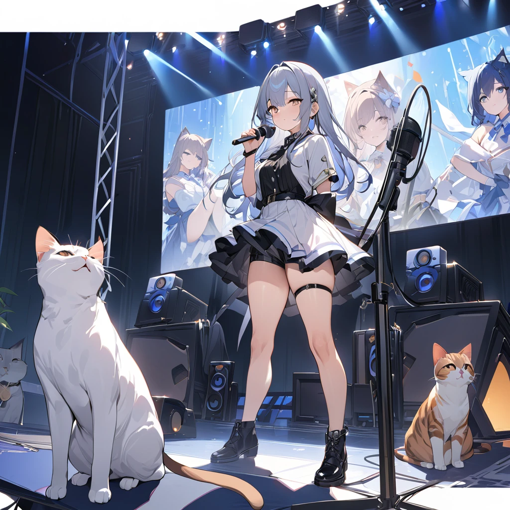 high quality, 最high quality, High resolution, masterpiece, 最高masterpiece, 8k, Cat用のアイドル衣装を着ているCat, On live stage, Not personified, 前足2Book, Hind legs２Book, Stand in front of a microphone, Cat