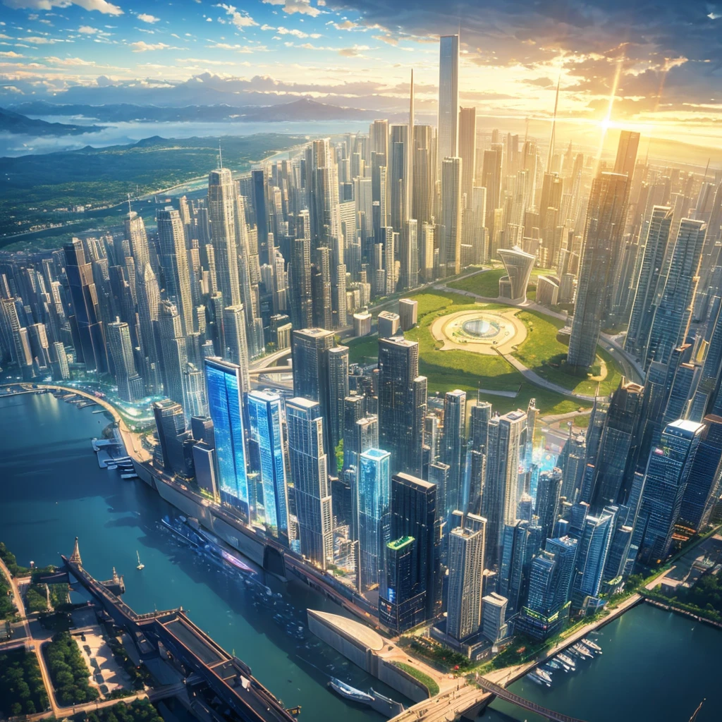 Seaside scenery, Blue sky and clouds、Ultra HD、Ultra-delicate details、(Highest quality,4K,8k,High resolution,masterpiece:1.2),Very detailed,(Realistic,Realistic,Photorealistic:1.37),Future Technology,Skyscraper,Huge urban high-tech tablet platform,airship,Floating in the sky,Future City,小さなairshipが周囲に,High-tech hemispherical platform,Colorful lights,High-level architecture,Modern architecture,Access the cloud,Beautiful views,City view,Impressive design,Seamlessly blending with nature,vibrant and lively atmosphere,Future Transportation Systems,No Parking,Transparent path,Lush greenery,Sky Garden,waterfall,Spectacular Skyline,Reflection on the surface of the water,Architectural Innovation,Futuristic skyscrapers,Transparent Dome,The building has an unusual shape,Elevated walkway,Impressive Skyline,Glowing lights,Future Technology,minimalist design,Scenic spots,panoramic,tower that pierces the clouds,Vibrant colors,Spectacular sunrise,Spectacular sunset,Dazzling light display,Magical atmosphere,Future City,Urban Utopia,Luxury Lifestyle,Innovative Energy,Sustainable Development,Smart City Technology,Advanced Infrastructure,Quiet atmosphere,Nature and technology coexist in harmony,Great cityscape,Unprecedented urban planning,Architecture seamlessly connects with nature,,A marvel of cutting-edge engineering,The future of urban living,A visionary architectural concept,Energy-efficient buildings,Harmony with the environment,A city floating above the clouds,Utopian dreams become reality,The possibilities are endless,Cutting-edge transportation network,Green Energy Integration,Innovative Materials,Impressive holographic display,Advanced Communication Systems,Breathtaking aerial views,Quiet and peaceful environment,Modernist aesthetics
