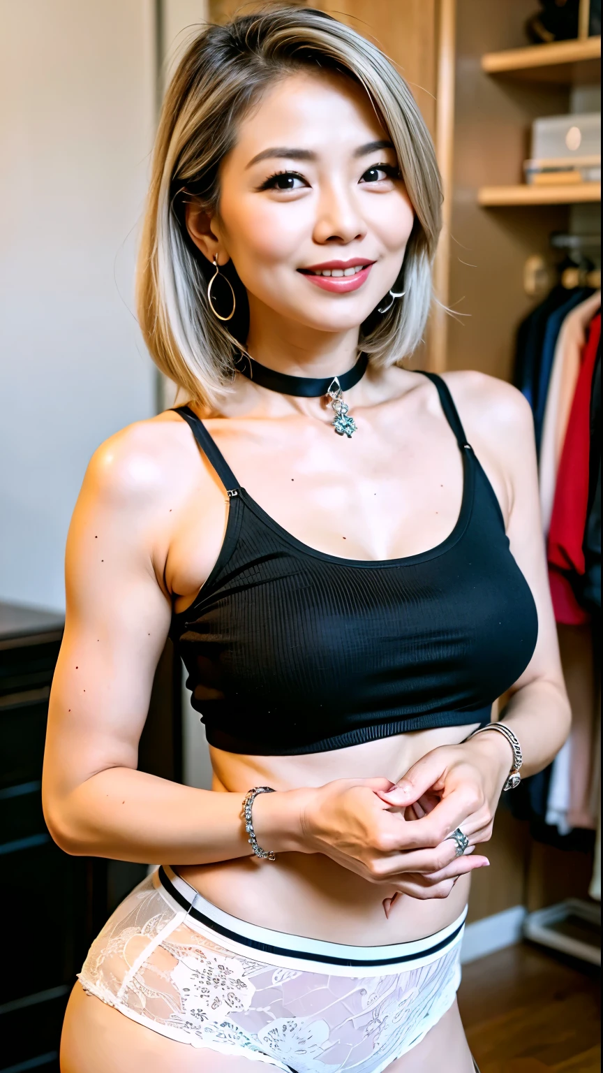 75 years old　mom　milf　Korean, Lady　large earring　Big choker　navel piercing decoration　A bracelet　Silver Hair　realisitic　Gorgeous Madame Beautiful Mature Woman　sexly　Smile　Gentle woman navel piercing　４K　High quality gorgeous madam beautiful mature woman