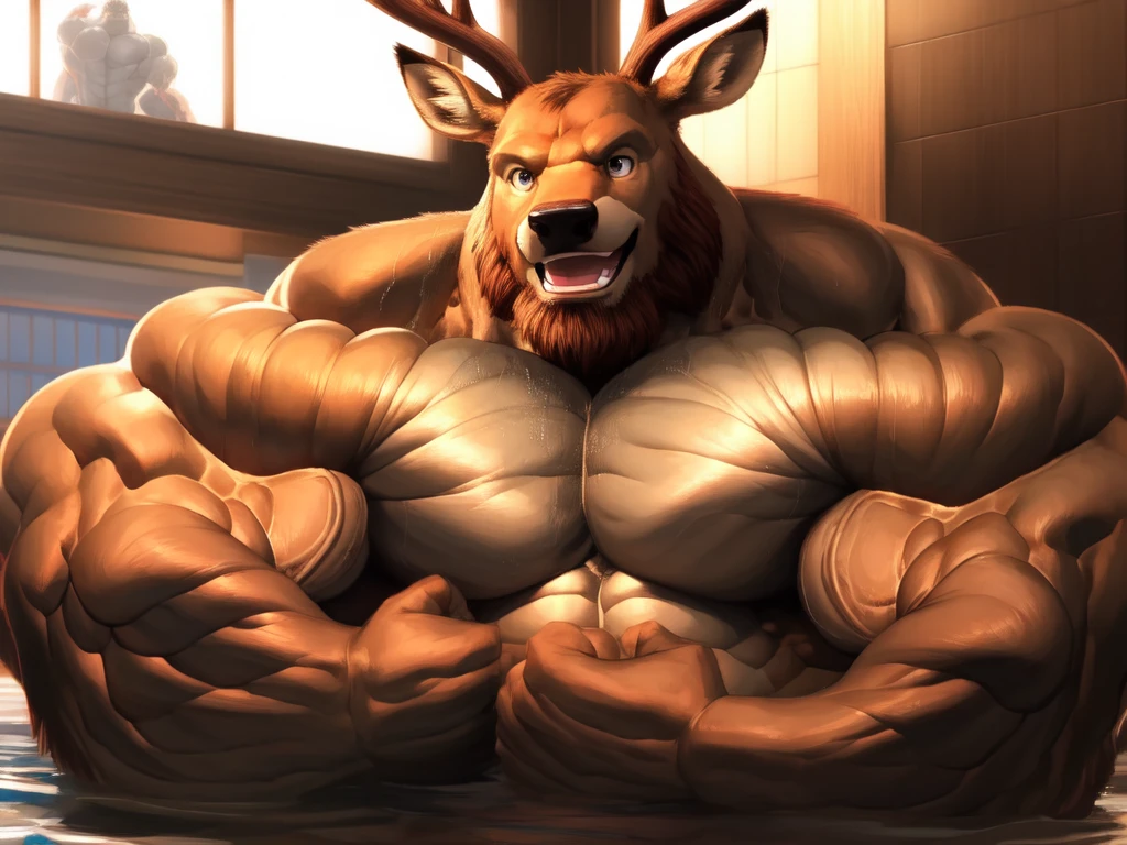 muscular old man soak in the onsen, furry, an anthro (brown deer), medium shoot, half body an anthto, bearded, happy expression, detailed face, face, detailed eyes, eyes, really big muscle, bigger muscle, very big muscular, over sized muscle, biggest muscle, big pec muscular, biggest pec muscle, detailed muscle, photography, background