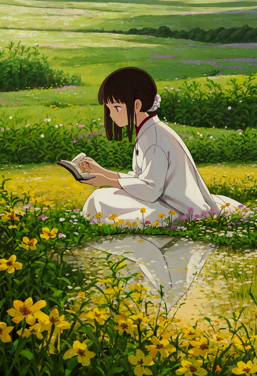 arafed woman sitting in a field of flowers reading a book, white hanfu, palace ， a girl in hanfu, girl sitting in a flower field, by Yang J, sitting in a field of flowers, in a field of flowers, in a cottagecore flower garden, hanfu, in a field with flowers, girl in flowers