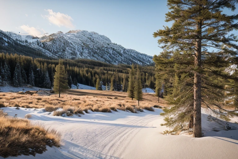 Landscape of a mountain valley, ((Pine trees at the foot of the mountains)), ((snow on the top of the mountain)), cinematic, 8 K, detailed, realistic, Octane render, (((complex parts)), HDR, ((complex parts, hyperdetailed)), photorealistic, ultrarealistic, realistic shadows, realistic lighting