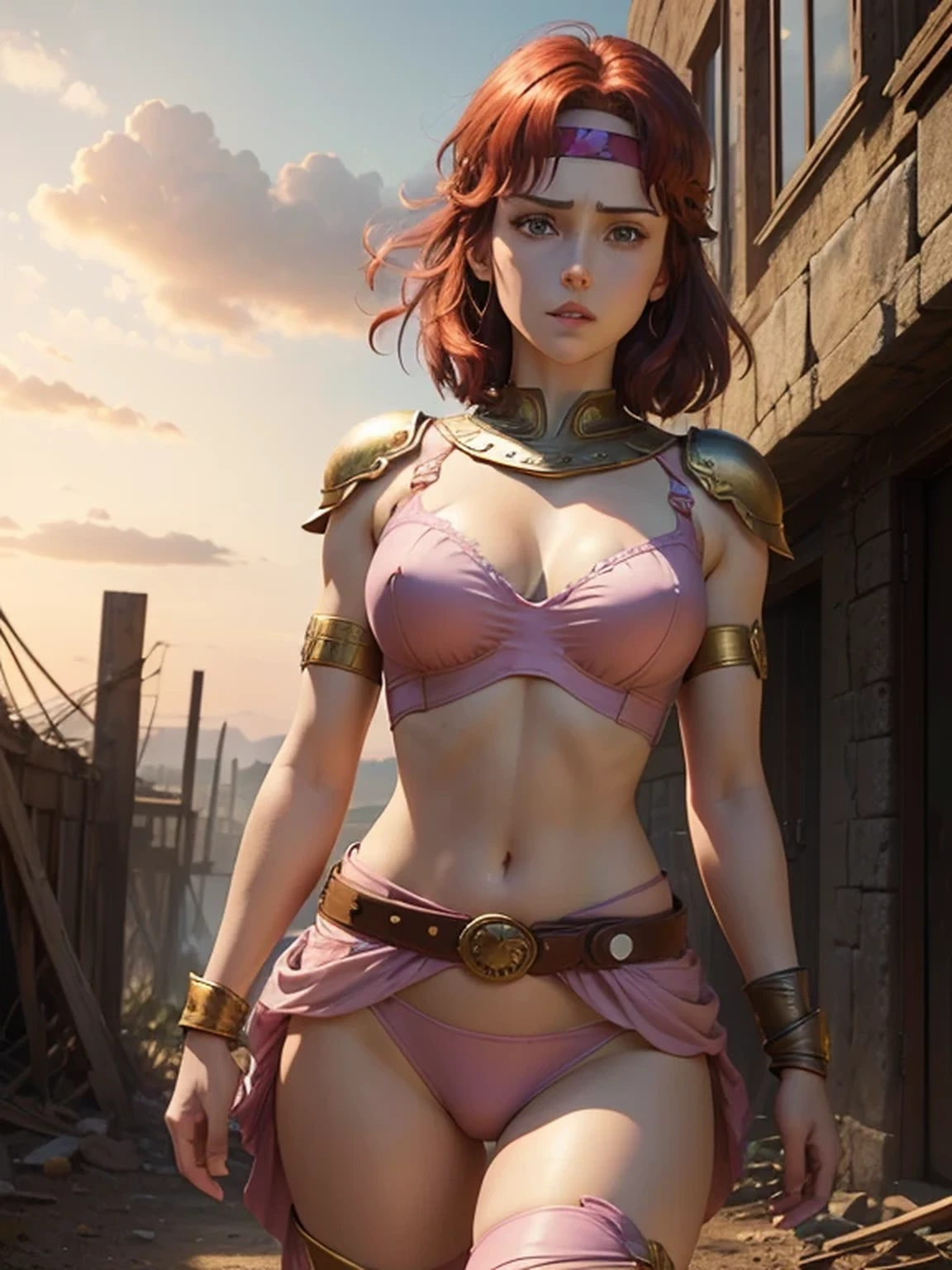 Fist of the North Star style, Beautiful face, (slender body:1.25), Perfect Face, Ultimate beauty woman, (Rin, 20 years old, Reddish brown hair, Short cut hairstyle), (golden shoulder guards:1.2, Pink headband with gold trim and gemstones), Wearing elegant skimpy underwear, So cute, slightly fragile face, (A thin and narrow of white fabric hangs down from the front of her waist:1.2), Highly detailed CG, Super detailed, gold upper arm guards, (Reddish purple shiny arm guards),
BREAK
(A pale pink tight bustier that resembles armour:1.25, Bustier Armor), Wearing Pale pink leggings pants, Reddish purple Shiny Long knee-high boots), (Clench your right hand in front of your chest), Cleavage, desolate wasteland, Clear facial features, Dramatic art, threatening, A pretty woman with perfect figure, anime realism style, A woman of noble character, Desertified World, Elegant warrior outfit, the wind is blowing, Skin texture details, Highly detailed CG, (Perfect detail:1.1), high definition, high definition and beautiful, 8k wallpaper, Wearing something like a gold belt, natural soft lighting, HDR, Realistic Skin, Depth of written boundary, (masterpiece:1.2, Highest quality), (Detailed eyes and face:1.2), anime background art, overcast, Extremely finely detailed, wilderness, Collapsed Building, Perfectly shaded body, Pale skin, pale blue eyes, long legged, Light shines through the gaps in the clouds,