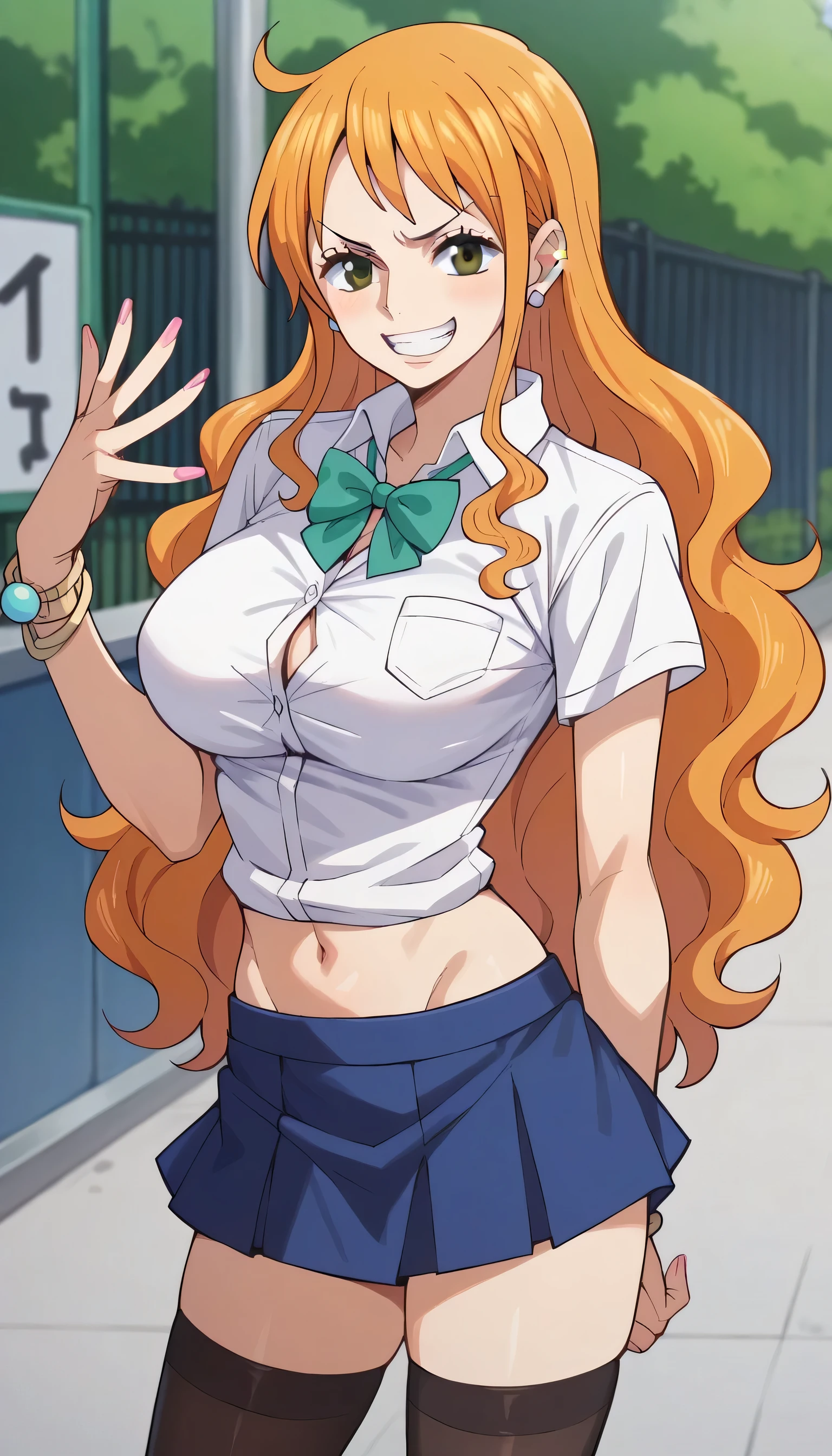 score_9, score_8_up, score_7_up, score_6_up, score_5_up, score_4_up, BREAK source_anime, nami, orange hair, long hair, wavy hair, brown eyes, gyaru, busty, shirt, white shirt, skirt, mini skirt, parted skirt, black stockings, lewd face, sexy, standing, cowboy shot, front shot 