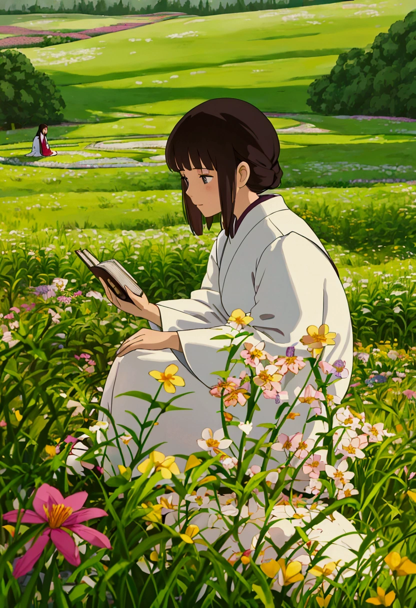arafed woman sitting in a field of flowers reading a book, white hanfu, palace , a girl in hanfu, girl sitting in a flower field, by Yang J, sitting in a field of flowers, in a field of flowers, in a cottagecore flower garden, hanfu, in a field with flowers, girl in flowers