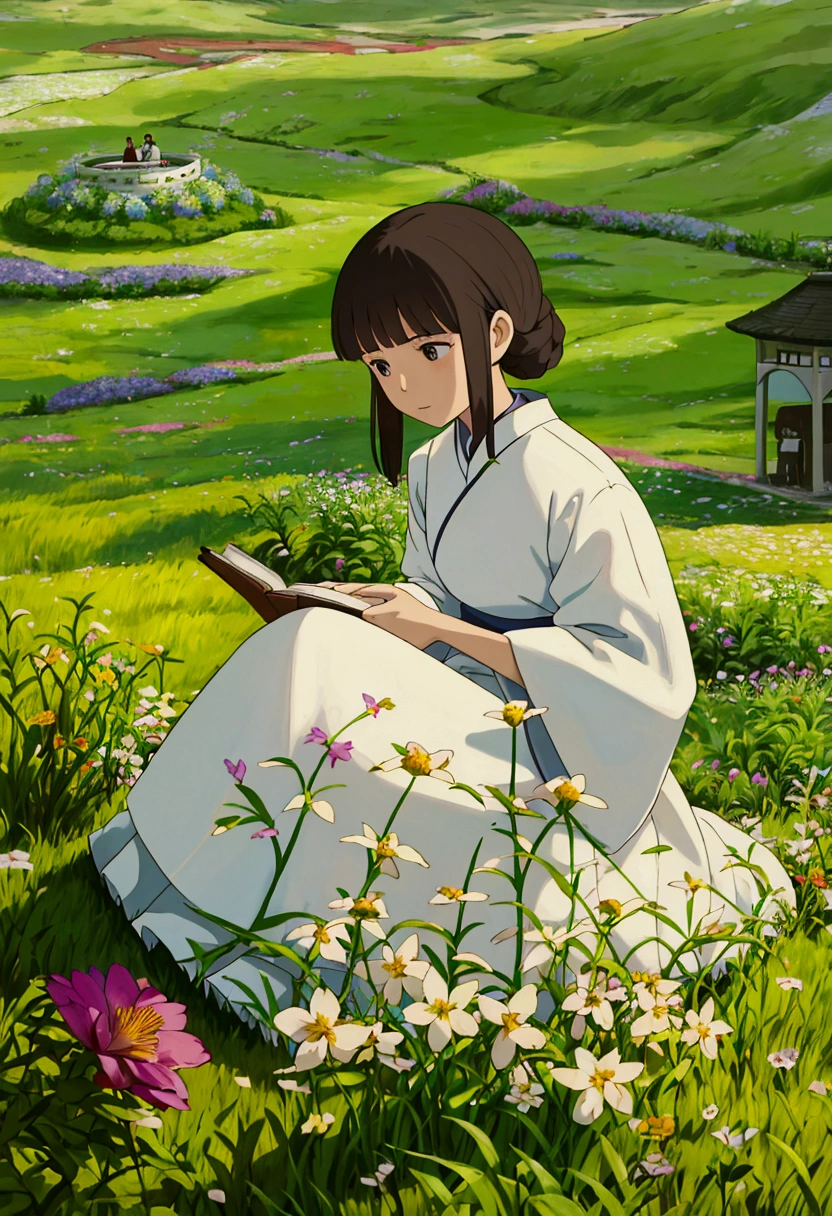 arafed woman sitting in a field of flowers reading a book, white hanfu, palace , a girl in hanfu, girl sitting in a flower field, by Yang J, sitting in a field of flowers, in a field of flowers, in a cottagecore flower garden, hanfu, in a field with flowers, girl in flowers