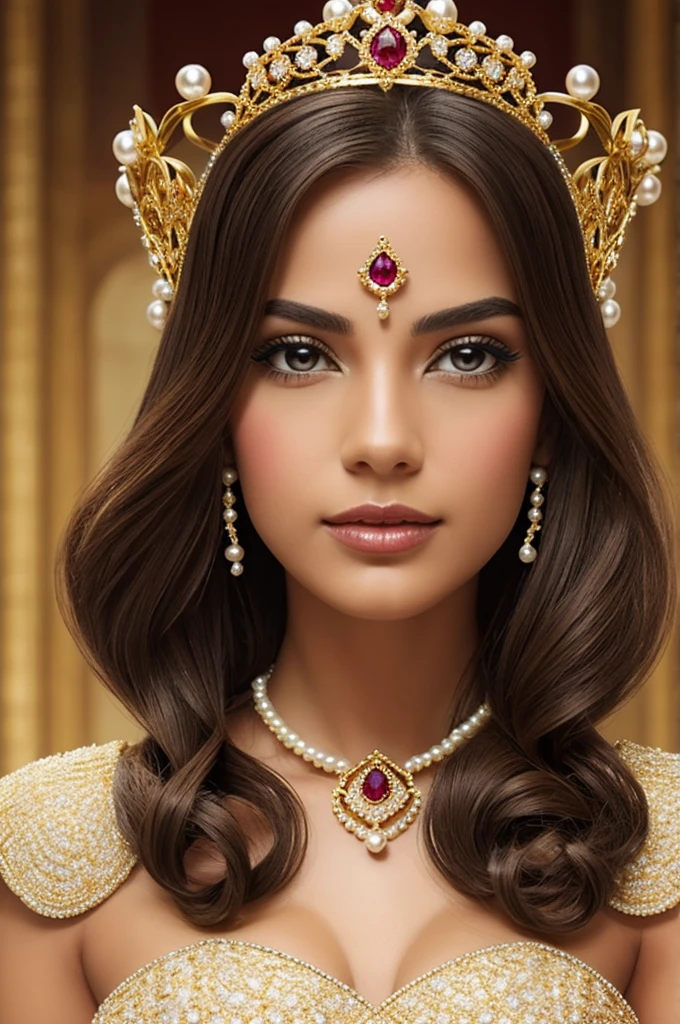 Create a crown for Miss Role Play World inspired by technology with gold stones diamonds and rubies with gold pearls