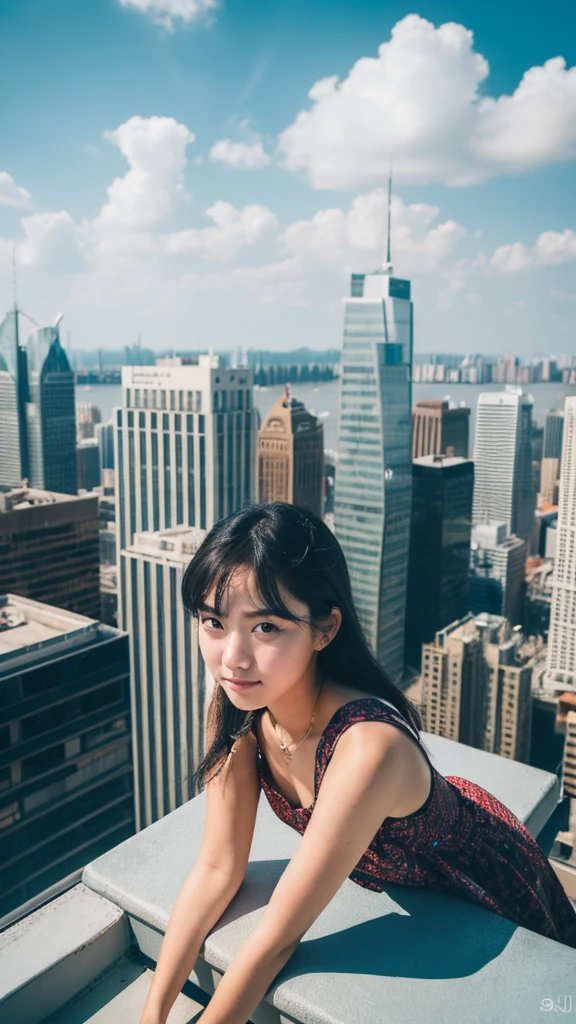 (best quality, masterpiece, RAW photo,ultra-detailed:1.2), 1girl ,looking at viewer, rooftop, from above, city,