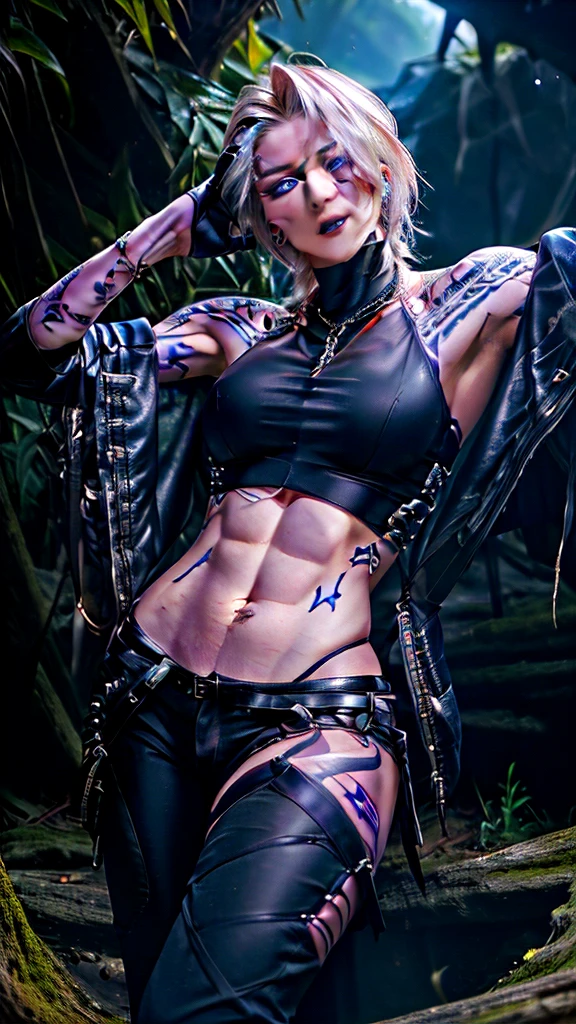 ((masterpiece:1.2, best quality, high resolution, distinct image)), Zoya from path to nowhere, muscular female, sharp eye, tattoo, perfect lighting, big breasts, white hair, black lips