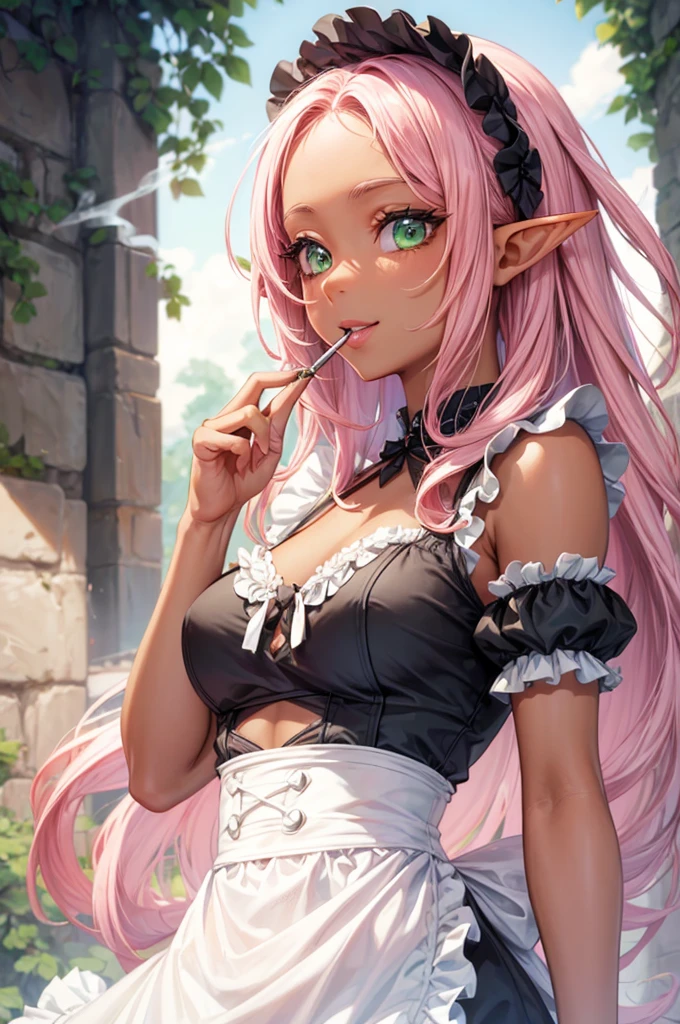(beautiful sexy elf style), (solo:2, 1000 yo), (black tan skin),  beautiful detailed Dreadlocks:1.3) (beautiful detailed pink hair, long hair) (best sexy elf woman, best sexy green eyes, glossy lip, best grow sexy smile, smoking Cigarette in mouth, beautiful sexy small tits), in a immensely beautiful summer cute Frills black maid dress with exposure rose, break, in the beautiful enchanted garden, background beautiful summer sky, BREAK, perfect anatomy, masterpiece, best quality, beautiful detailed pastel color, daydreaming expression.
