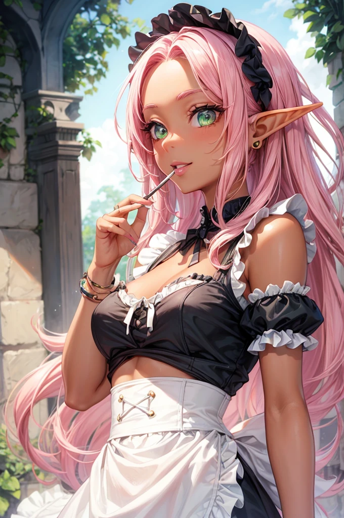 (beautiful sexy elf style), (solo:2, 1000 yo), (black tan skin),  beautiful detailed Dreadlocks:1.3) (beautiful detailed pink hair, long hair) (best sexy elf woman, best sexy green eyes, glossy lip, best grow sexy smile, smoking Cigarette in mouth, beautiful sexy small tits), in a immensely beautiful summer cute Frills black maid dress with exposure rose, break, in the beautiful enchanted garden, background beautiful summer sky, BREAK, perfect anatomy, masterpiece, best quality, beautiful detailed pastel color, daydreaming expression.
