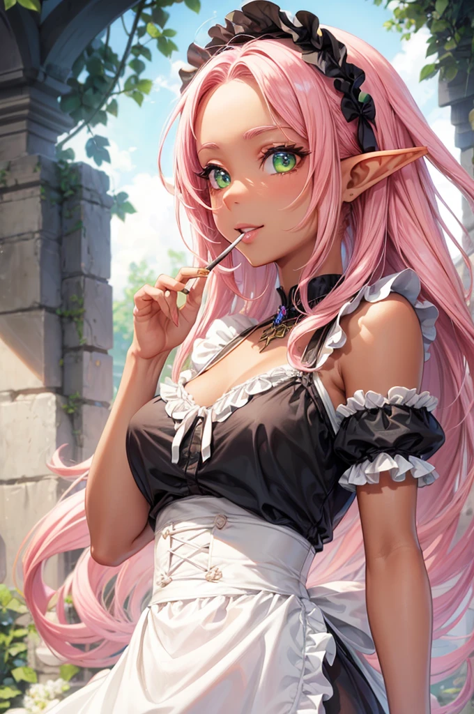 (beautiful sexy elf style), (solo:2, 1000 yo), (black tan skin),  beautiful detailed Dreadlocks:1.3) (beautiful detailed pink hair, long hair) (best sexy elf woman, best sexy green eyes, glossy lip, best grow sexy smile, smoking Cigarette in mouth, beautiful sexy small tits), in a immensely beautiful summer cute Frills black maid dress with exposure rose, break, in the beautiful enchanted garden, background beautiful summer sky, BREAK, perfect anatomy, masterpiece, best quality, beautiful detailed pastel color, daydreaming expression.
