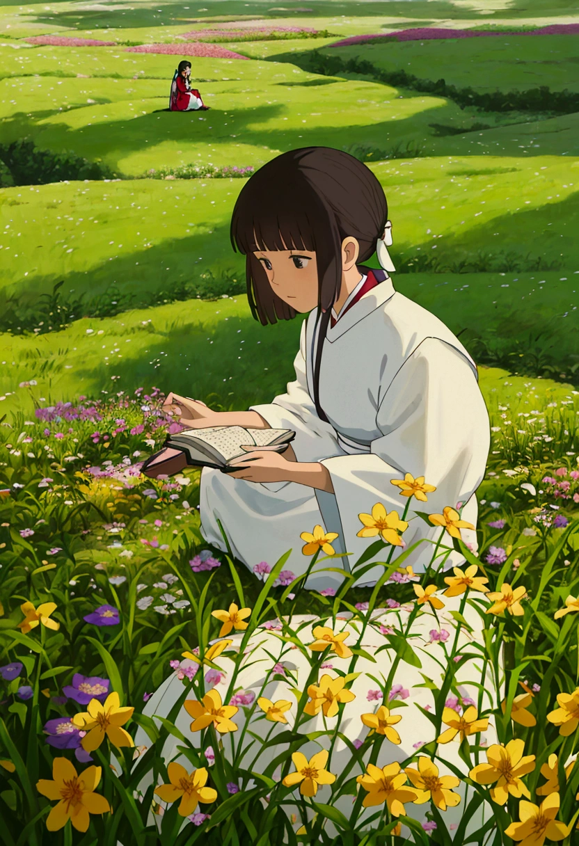 arafed woman sitting in a field of flowers reading a book, white hanfu, palace , a girl in hanfu, girl sitting in a flower field, by Yang J, sitting in a field of flowers, in a field of flowers, in a cottagecore flower garden, hanfu, in a field with flowers, girl in flowers