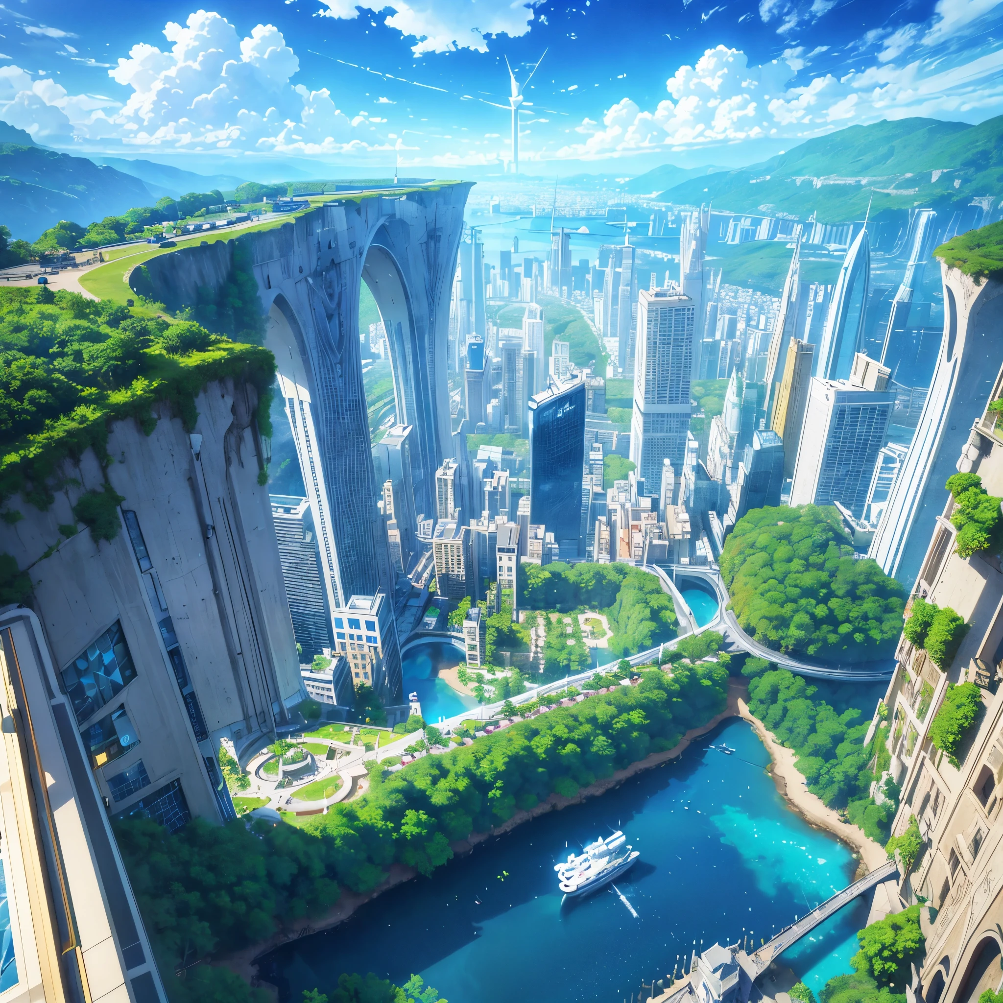 Seaside scenery, Blue sky and clouds、Ultra HD、Ultra-delicate details、(Highest quality,4K,8k,High resolution,masterpiece:1.2),Very detailed,(Realistic,Realistic,Photorealistic:1.37),Future Technology,Huge urban high-tech tablet platform,airship,Floating in the sky,Future City,小さなairshipが周囲に,High-tech hemispherical platform,Colorful lights,High-level architecture,Modern architecture,Access the cloud,Beautiful views,City view,Impressive design,Seamlessly blending with nature,vibrant and lively atmosphere,Future Transportation Systems,No Parking,Transparent path,Lush greenery,Sky Garden,waterfall,Spectacular Skyline,Reflection on the surface of the water,Shining River,Architectural Innovation,Futuristic skyscrapers,Transparent Dome,The building has an unusual shape,Elevated walkway,Impressive Skyline,Glowing lights,Future Technology,minimalist design,Scenic spots,panoramic,tower that pierces the clouds,Vibrant colors,Spectacular sunrise,Spectacular sunset,Dazzling light display,Magical atmosphere,Future City,Urban Utopia,Luxury Lifestyle,Innovative Energy,Sustainable Development,Smart City Technology,Advanced Infrastructure,Quiet atmosphere,Nature and technology coexist in harmony,Great cityscape,Unprecedented urban planning,Architecture seamlessly connects with nature,,A marvel of cutting-edge engineering,The future of urban living,A visionary architectural concept,Energy-efficient buildings,Harmony with the environment,A city floating above the clouds,Utopian dreams become reality,The possibilities are endless,Cutting-edge transportation network,Green Energy Integration,Innovative Materials,Impressive holographic display,Advanced Communication Systems,Breathtaking aerial views,Quiet and peaceful environment,Modernist aesthetics