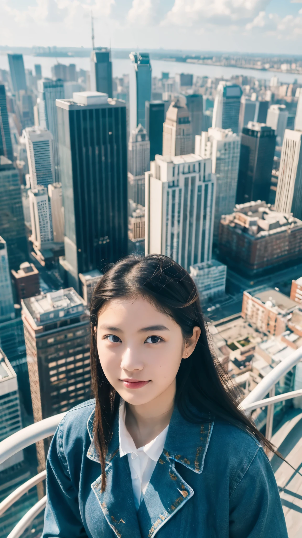 (best quality, masterpiece, RAW photo,ultra-detailed:1.2), 1girl ,looking at viewer, rooftop, from above, city,