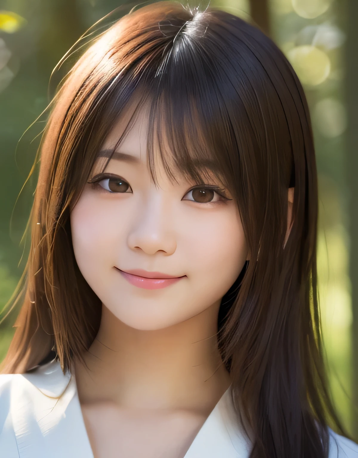 best quality, face focus, soft light, ultra high res, (photorealistic:1.4), RAW photo,(Shinozaki Ai),
1japanese girl, solo, cute, kawaii, smile, (pupil, lights in the eyes), detailed beautiful face, (busty),(high resolution detail of human skin texture),(long hair),(portrait), chest up, white traditional kimono, in the forest,
