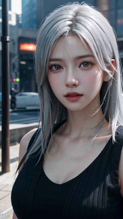 Highest quality、8k傑作、Ultra-high resolution、(Photorealistic:1.3)、RAW Photos、1 girl、Silvery white hair、Glowing Skin、1. Super-beautiful Cyberpunk Soldiers、((Ultra-Realistic Details))、Portrait、Global Illumination、Shadow、Octane Rendering、8k、Super sharp、Beautiful breasts、born ...
