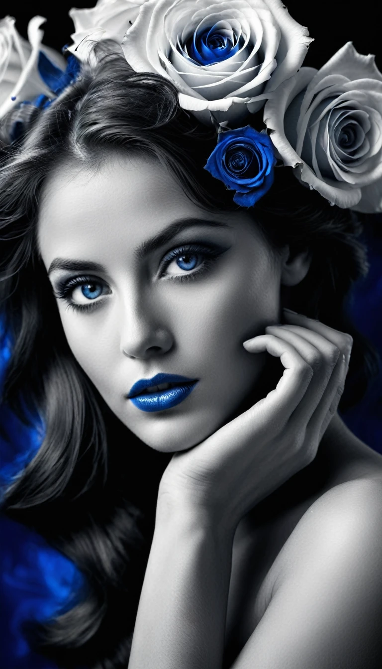 Photo noir et blanc et darkblue, une sublime femme aux yeux bleus sublimes, une peau impeccable, tir à moitié du corps, tenant une rose sombre bleutée, intensité du regard captivant, style de photographie fantaisiste, capturé avec un appareil photo Arriflex 35BL utilisant des objectifs Canon K25, Cinématique, Éclairage dramatique, Extrêmement clair, masterpiece surréaliste à couper le souffle, photographie monochrome, noir et blanc et bleu. Très détails, cheveux long aux détails fractals