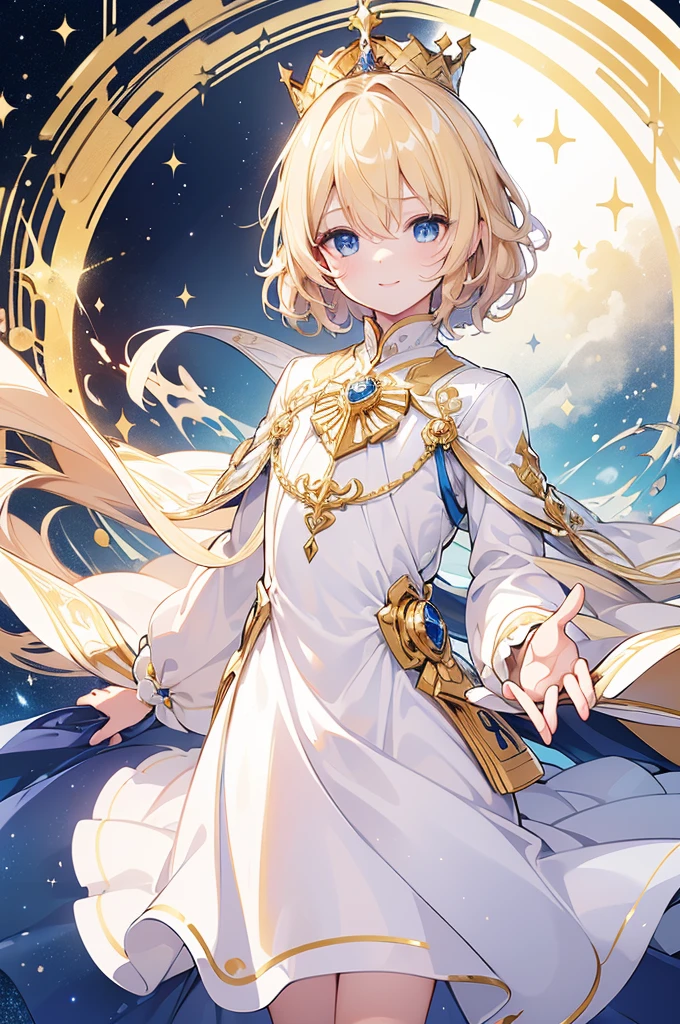 (Highest quality)　(4K)　(8k)　(High resolution)　(masterpiece:1.2)　(Super detailed)　One boy　short hair　Wizard　Blue Eyes　Long sleeve　Golden decoration　Hair between the eyes　White Dress　Wavy golden hair　Upper Body　(large crown)　(White Background)　(profile)　Face close-up　((Young))　smile　Activate magic　(Small body)　((Dress shirt))