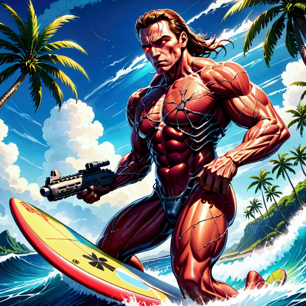 (riding a surf board) Arnold Schwarzenegger as T-800 battle damaged,1990s,wielding machine gun,riding surfboard,intense horror sci-fi,Hawaii,photorealistic,hyperdetailed,high contrast lighting,gritty,dramatic posing,muscular body,metallic exoskeleton,glowing red eyes,steam venting,ocean waves,palm trees,cloudy sky
