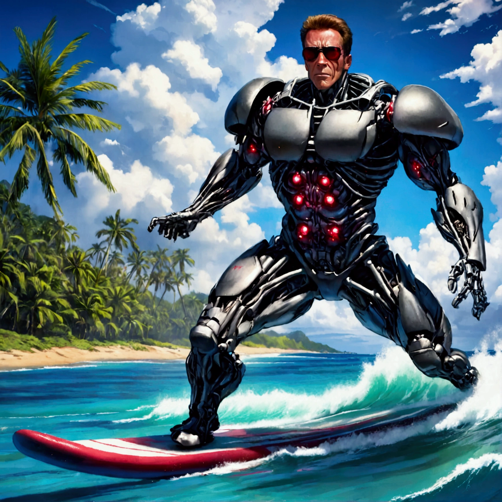 (riding a surf board) Arnold Schwarzenegger as T-800 battle damaged,1990s,wielding machine gun,riding surfboard,intense horror sci-fi,Hawaii,photorealistic,hyperdetailed,high contrast lighting,gritty,dramatic posing,muscular body,metallic exoskeleton,glowing red eyes,steam venting,ocean waves,palm trees,cloudy sky
