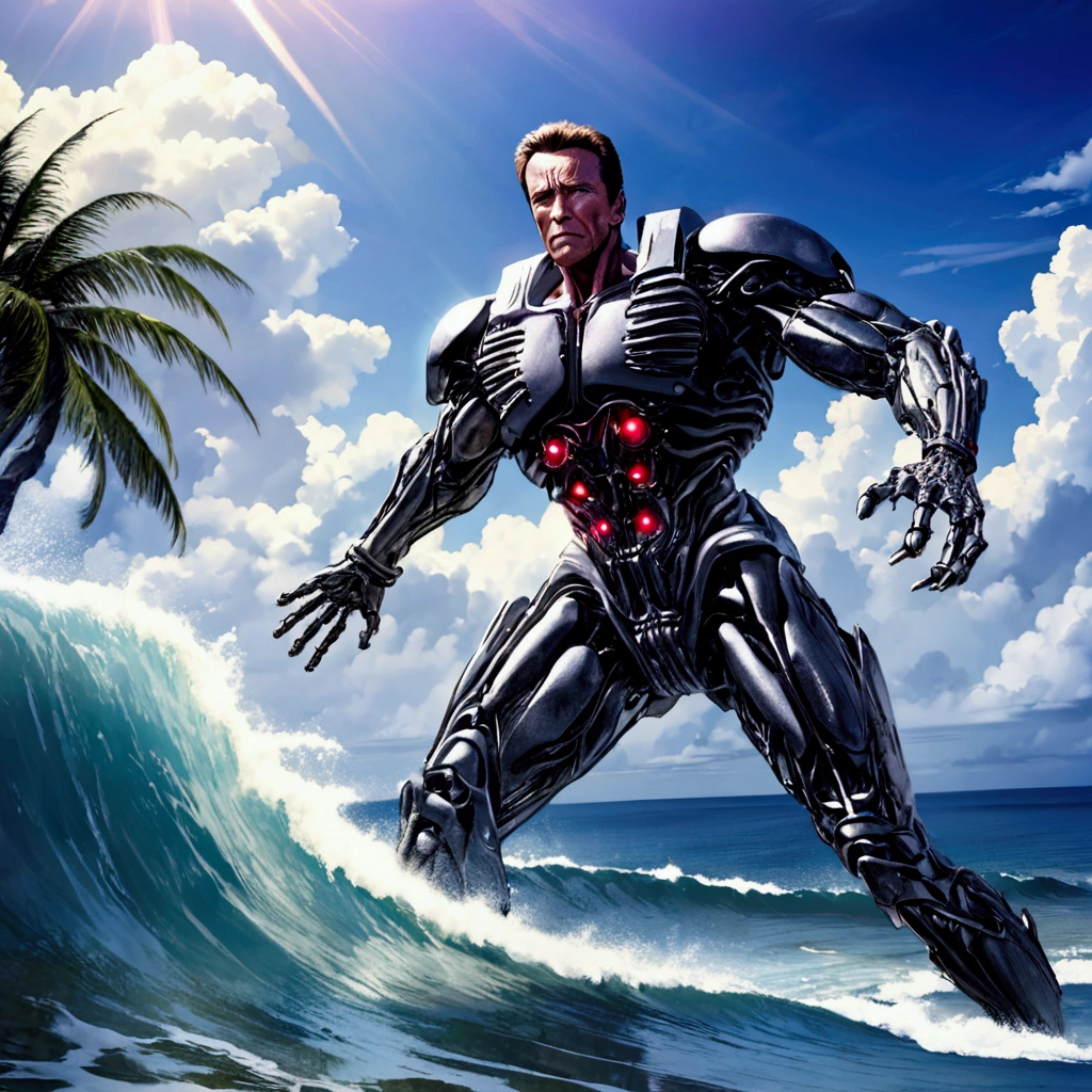 (riding a surf board) Arnold Schwarzenegger as T-800 battle damaged,1990s,wielding machine gun,riding surfboard,intense horror sci-fi,Hawaii,photorealistic,hyperdetailed,high contrast lighting,gritty,dramatic posing,muscular body,metallic exoskeleton,glowing red eyes,steam venting,ocean waves,palm trees,cloudy sky
