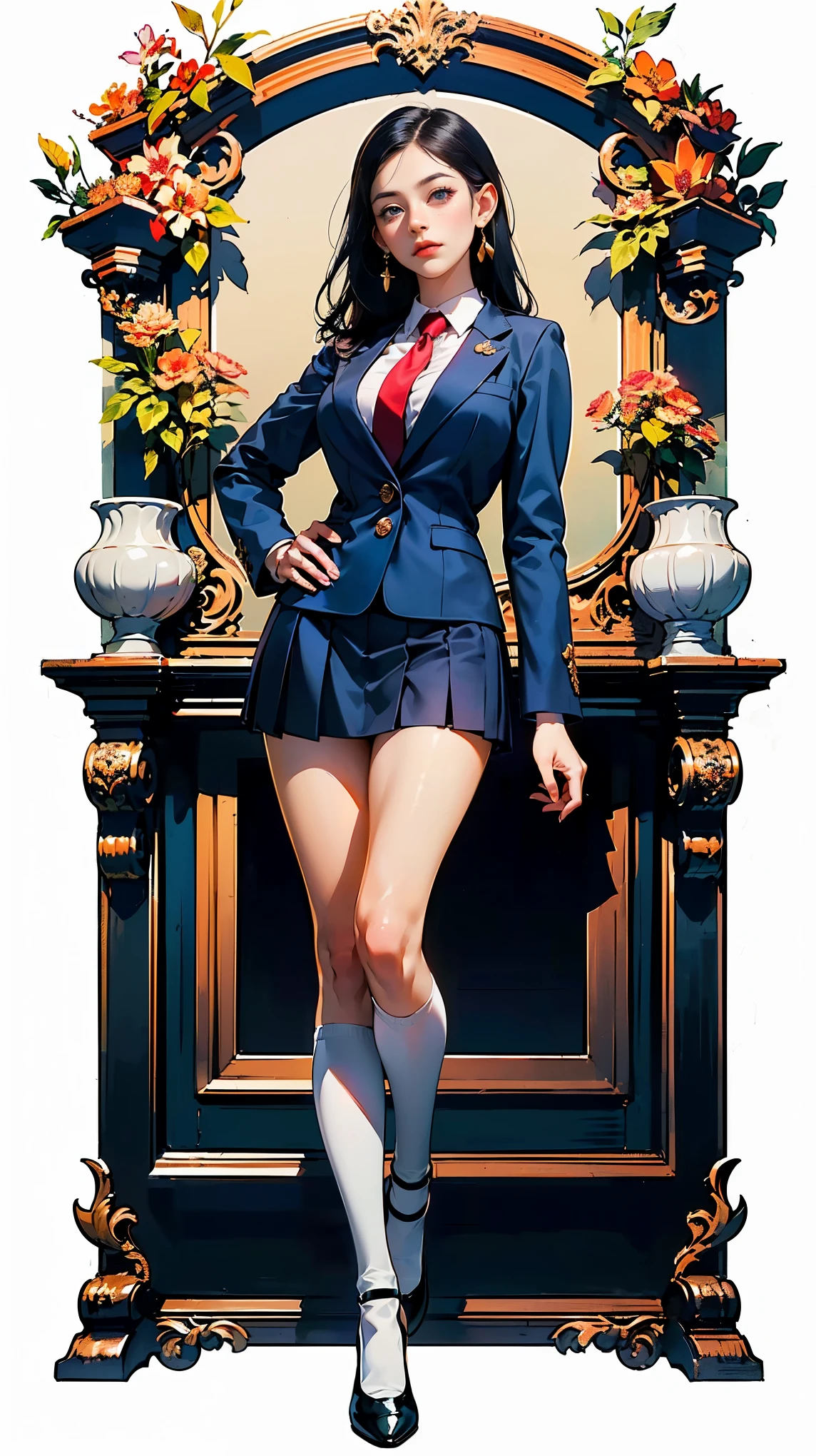 ((best quality,4k,highres,masterpiece:1.2)),((character concept art)), 1 female, age 18. Known for her youthful charm and unwavering determination, Her body language is as modest as her personality, always exuding a sense of innocence and resilience. ((She is dressed in a prestigious Tokyo high school uniform)), (((The uniform includes a tailored navy blazer with the school crest on the chest, a necktie, a white blouse with a Peter Pan collar underneath that compliment her natural E-cup breasts, a pleated maroon skirt that emphasizing her figure))). (((She enhances her look with Sheer black stockings and black leather oxford shoes))), carrying her ensemble with an air of subtle confidence. Her accessories are minimal, reflecting her simple lifestyle at this age. ((intricate detail)), super finely detailed hands, ultra finely detailed fingers(((ten fingers))), (standing confidently), (full body showcase), (show full body), (no logos on background), (no logo), ((plain background)), ((plain background)), (((empty background))).