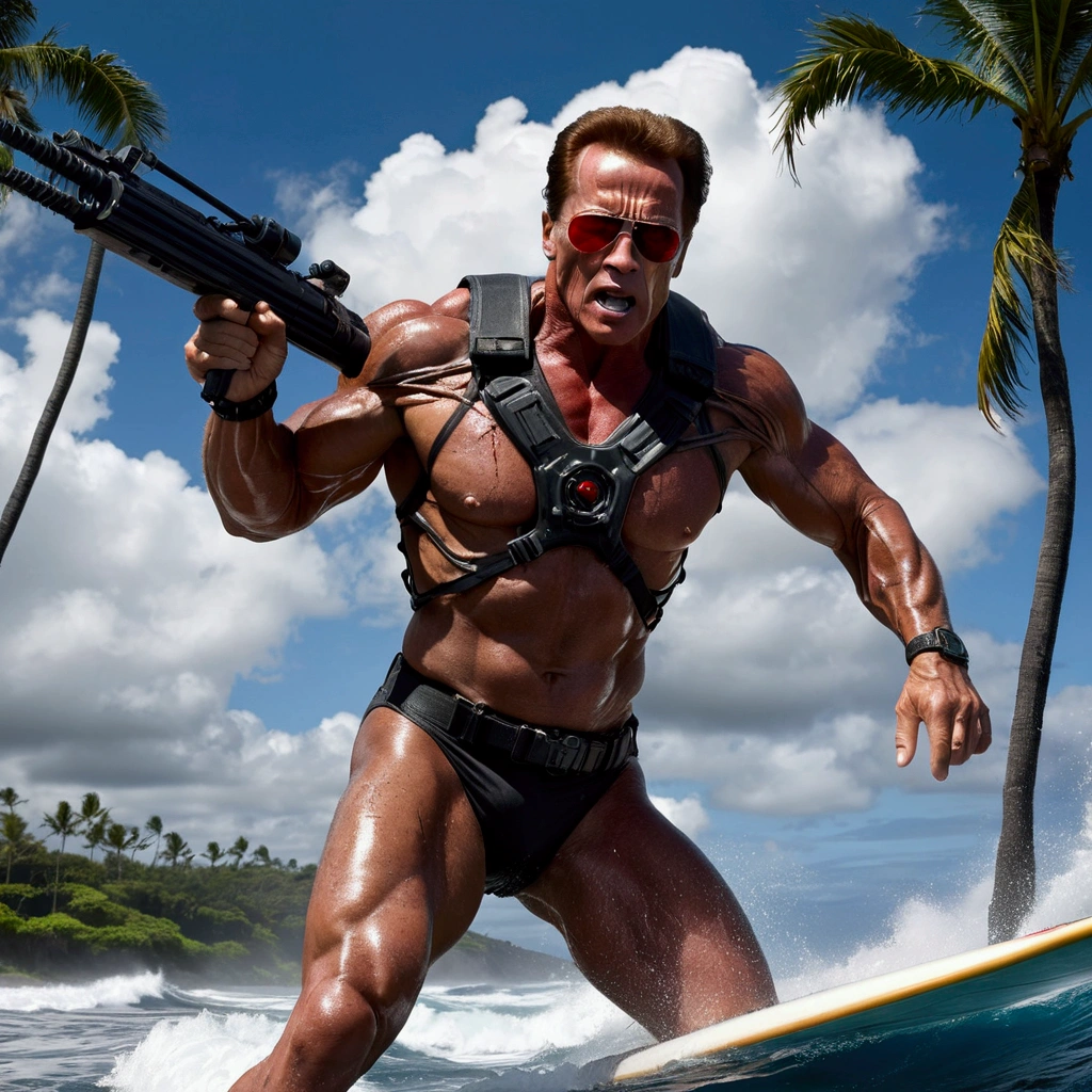 (riding a surf board) Arnold Schwarzenegger as T-800 battle damaged,1990s,wielding machine gun,riding surfboard,intense horror sci-fi,Hawaii,photorealistic,hyperdetailed,high contrast lighting,gritty,dramatic posing,muscular body,metallic exoskeleton,glowing red eyes,steam venting,ocean waves,palm trees,cloudy sky
