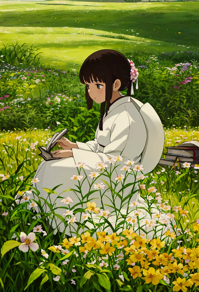 arafed woman sitting in a field of flowers reading a book, white hanfu, palace , a girl in hanfu, girl sitting in a flower field, by Yang J, sitting in a field of flowers, in a field of flowers, in a cottagecore flower garden, hanfu, in a field with flowers, girl in flowers