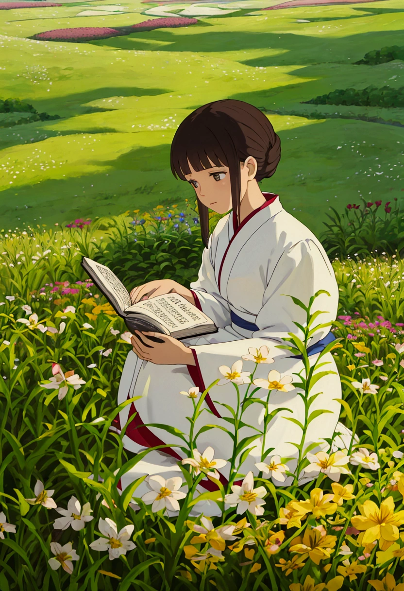arafed woman sitting in a field of flowers reading a book, white hanfu, palace ， a girl in hanfu, girl sitting in a flower field, by Yang J, sitting in a field of flowers, in a field of flowers, in a cottagecore flower garden, hanfu, in a field with flowers, girl in flowers