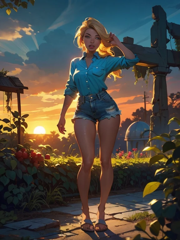 2076 year. The Ruins of the Wasteland, Female huntress picking fruit in the garden, beautiful face, blonde, badly torn shirt and denim shorts , long legs, sweating through, sun rising, Nice warm colors, head to toe, full body shot, pretty hands, perfect fingers,