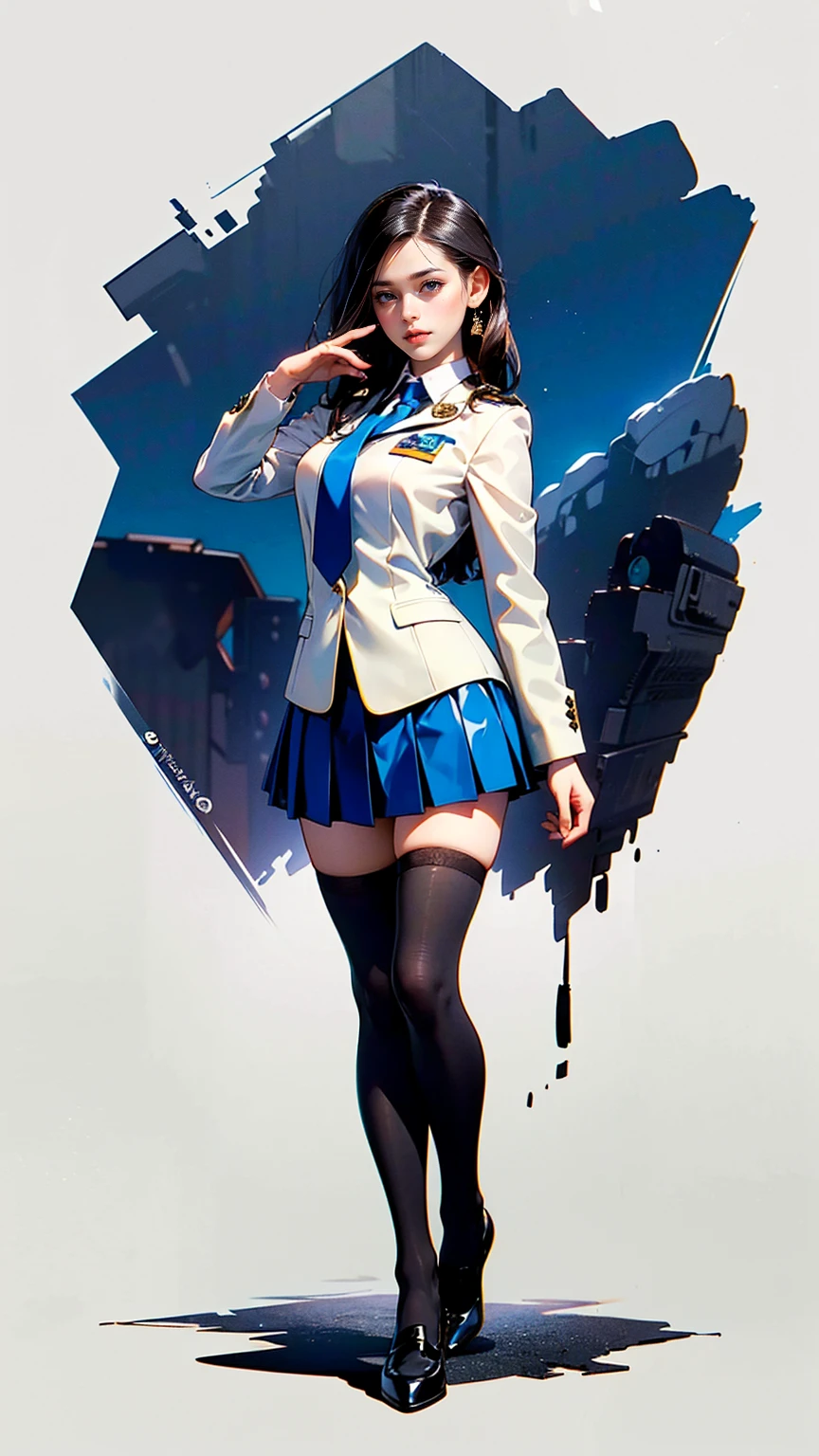 ((best quality,4k,highres,masterpiece:1.2)),((character concept art)), 1 female, age 18. Known for her youthful charm and unwavering determination, Her body language is as modest as her personality, always exuding a sense of innocence and resilience. ((She is dressed in a prestigious Tokyo high school uniform)), (((The uniform includes a tailored navy blazer with the school crest on the chest, a necktie, a white blouse with a Peter Pan collar underneath that compliment her natural E-cup breasts, a pleated maroon skirt that emphasizing her figure))). (((She enhances her look with Sheer black stockings and black leather oxford shoes))), carrying her ensemble with an air of subtle confidence. Her accessories are minimal, reflecting her simple lifestyle at this age. ((intricate detail)), super finely detailed hands, ultra finely detailed fingers(((ten fingers))), (standing confidently), (full body showcase), (show full body), (no logos on background), (no logo), ((plain background)), ((plain background)), (((empty background))).
