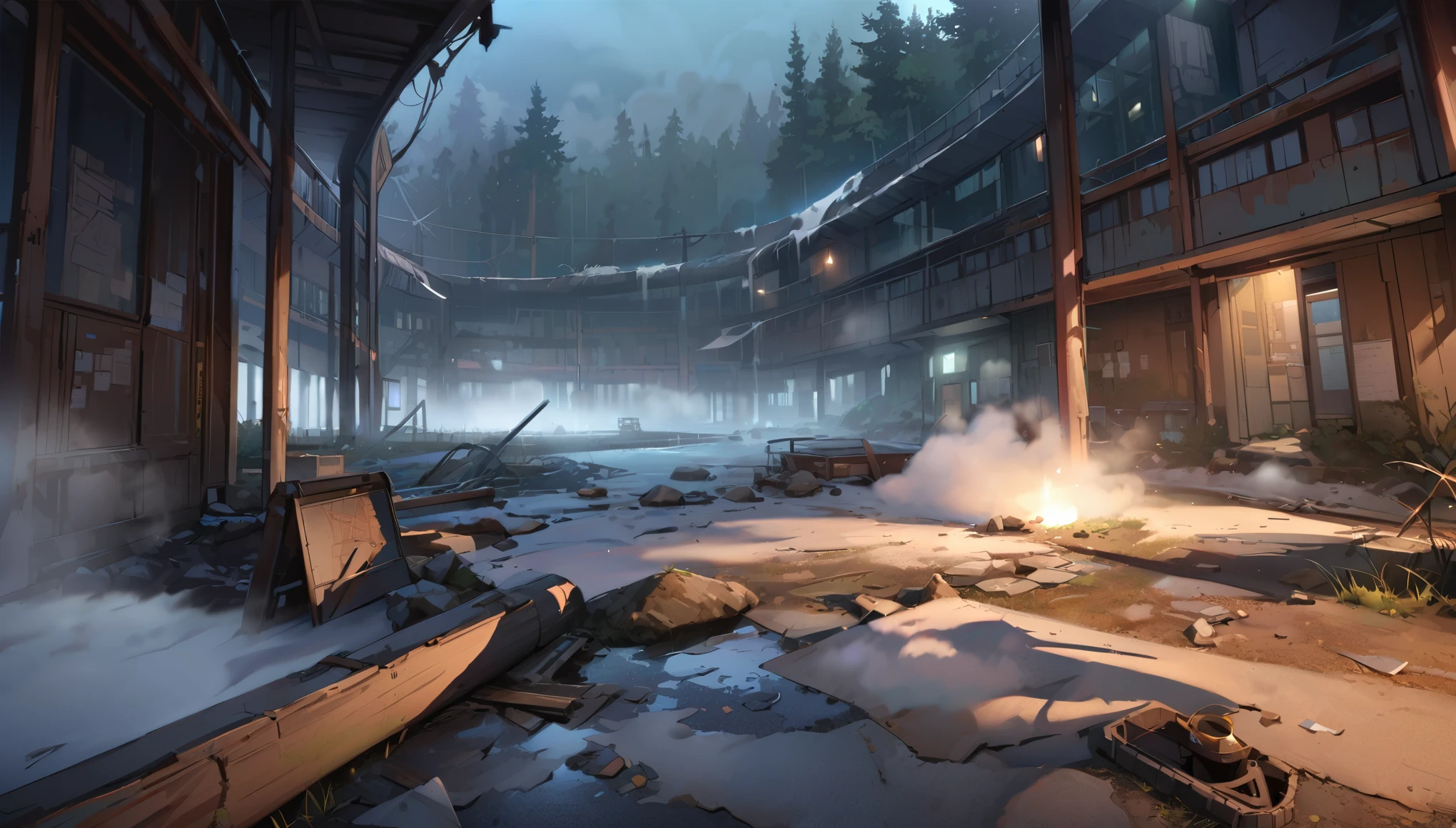 (masterpiece、premium quality、ultra detailed) , at night, Map of abandoned academy, mysterious, full of fog, forest, hospitale, river.