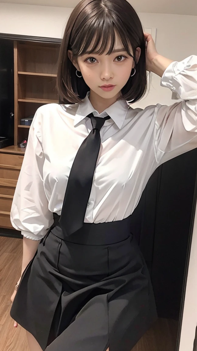 masterpiece, Highest quality, Very detailed, shape, Great lighting, Structure of the film, Isoscale, One Girl, alone, cute, Brown eyes, Black Hair, Swept-apart bangs, one side lock, Red Hair Clip, White collared shirt, Black tie, Black Mini Skirt, formal, Captivating Gaze, Seductive pose, indoors, office, door, opening door, View your audience, Show one&#39;Upper Body, blush, Captivating smile, Mouth closed,(8k:1.1),