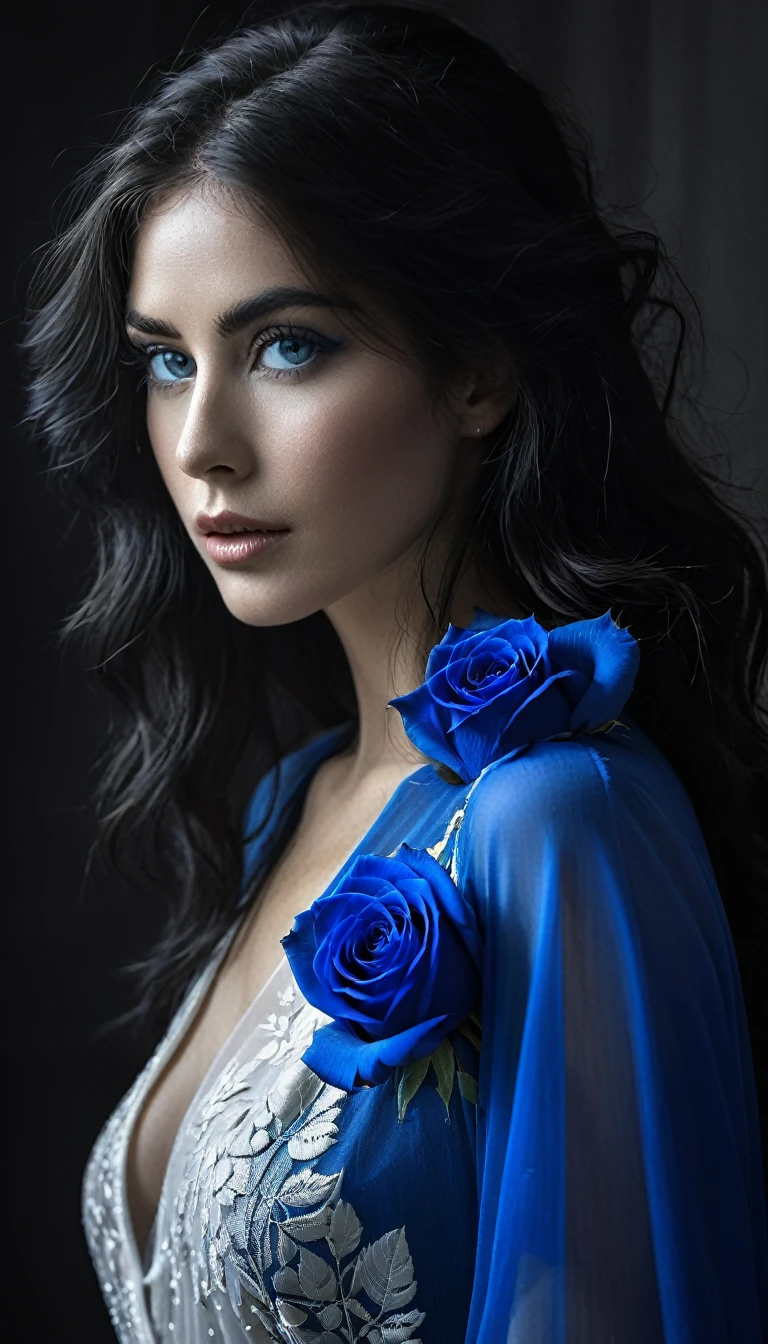 une femme aux yeux bleus, une peau impeccable, tir à moitié du corps, tenant une rose darkblue, style de photographie fantaisiste, capturé avec un appareil photo Arriflex 35BL utilisant des objectifs Canon K25, Cinématique, Éclairage dramatique, Extrêmement clair, masterpiece surréaliste à couper le souffle, photographie monochrome,  noir et blanc et bleu.
