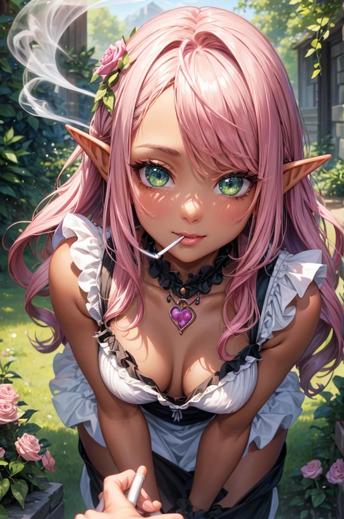 (beautiful sexy elf style), (pov, solo:2, 1000 yo), (black tan skin),  beautiful detailed Dreadlocks:1.3) (beautiful detailed pink hair, long hair) (best sexy elf woman, best sexy green eyes, glossy lip, best grow sexy smile, smoking Cigarette in mouth, beautiful sexy small tits), in a immensely beautiful summer cute Frills black maid dress with exposure rose, break, in the beautiful enchanted garden, background beautiful summer sky, BREAK, perfect anatomy, masterpiece, best quality, beautiful detailed pastel color, daydreaming expression.
